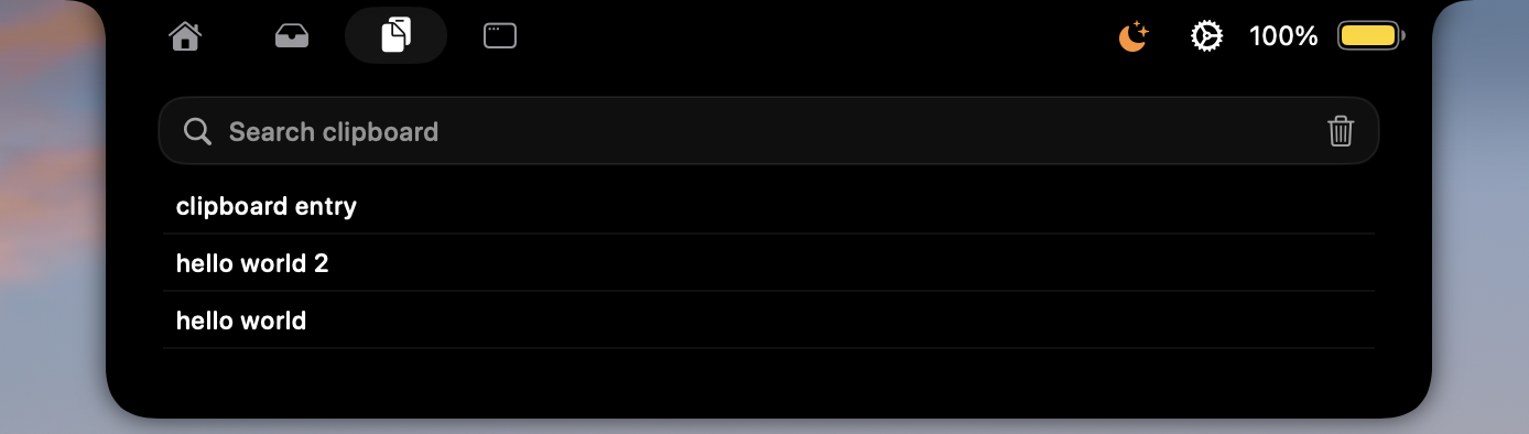 The notch open on the clipboard tab: a search field above a list of recently copied text entries.