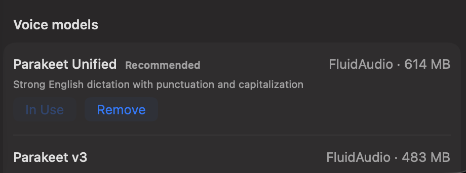Gojo's voice model list: Parakeet Unified from FluidAudio, 614 MB, in use on this Mac, with Parakeet v3 available below it.