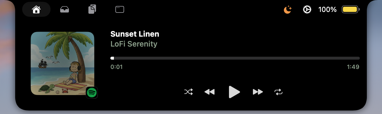 The notch open on the media tab: album art, the track Sunset Linen by LoFi Serenity, a scrubber, and playback controls, with a Spotify badge on the artwork.