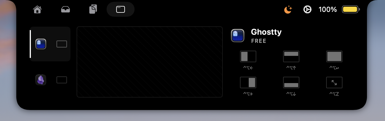 The notch open on the windows tab: a list of open apps, a live preview pane for Ghostty, and a grid of six snap layouts each labelled with its keyboard shortcut.